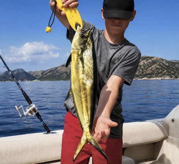 A person holding a large fish on a boat with a fishing rod and a mountainous landscape in the background. 2