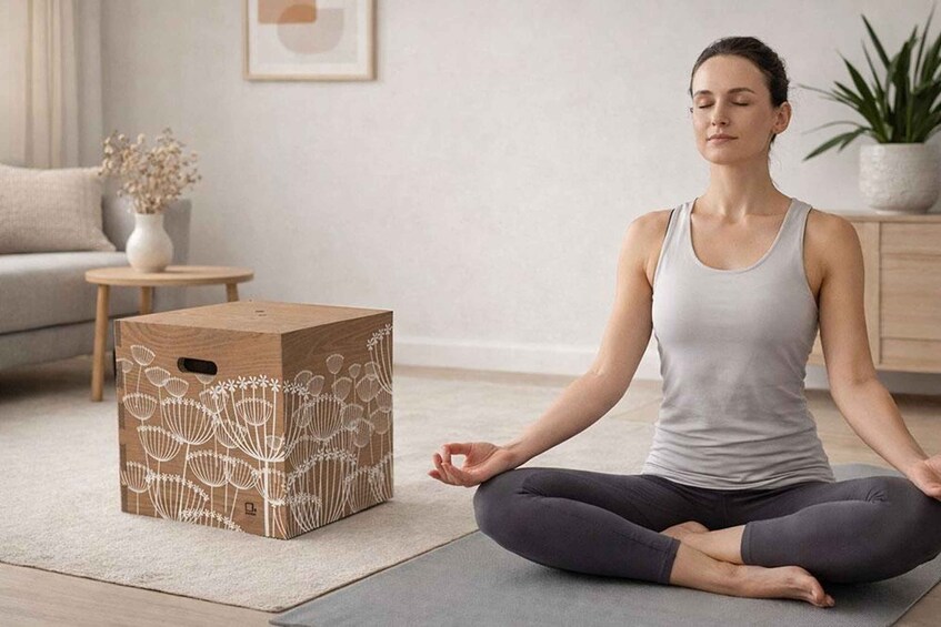 A person meditating on a yoga mat in a living room. 2