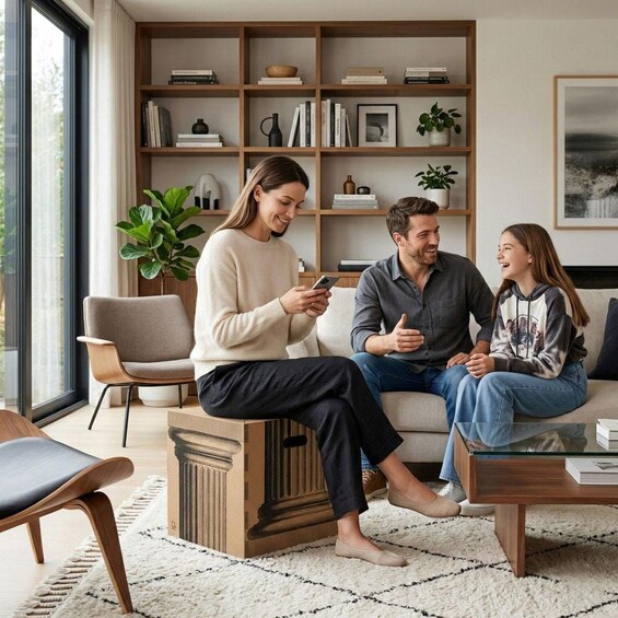 A living room with a sofa, a coffee table, a bookshelf, and a large window. 3