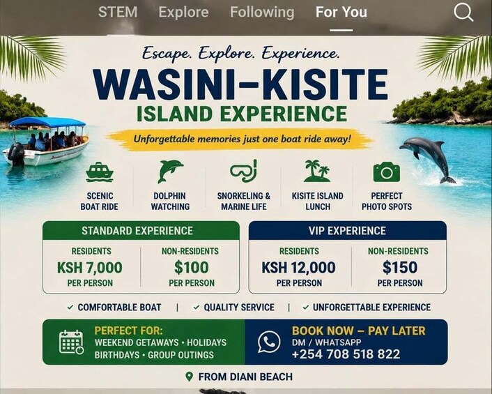 A travel experience advertisement for Wasini-Kisite Island, highlighting a scenic boat ride, dolphin watching, snorkeling, a lunch on Kisite Island, and photo spots. It offers standard and VIP experiences with different pricing for residents and non-residents. 2