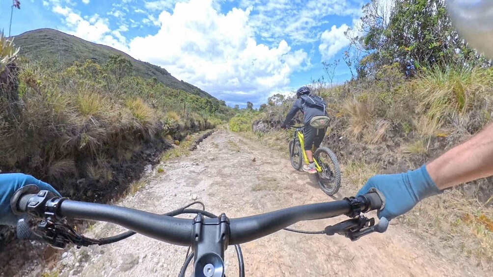 A mountain biking trail with rocky terrain and sparse vegetation. 1