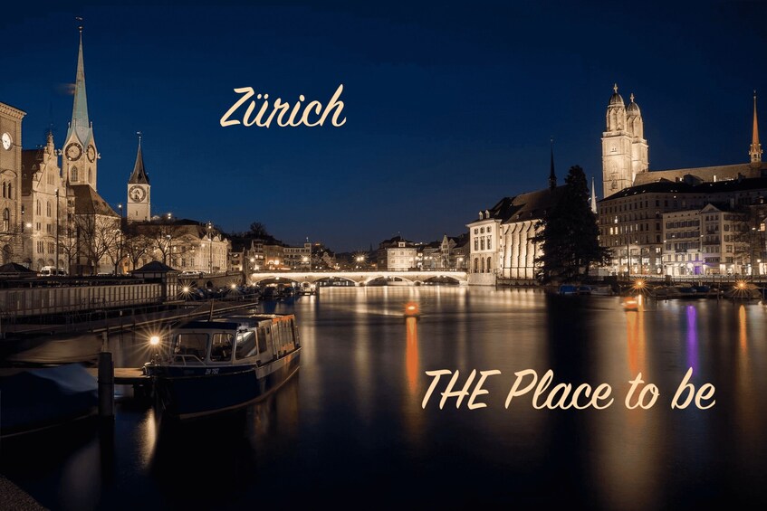 A nighttime view of Zurich's river with illuminated buildings and a boat. 2