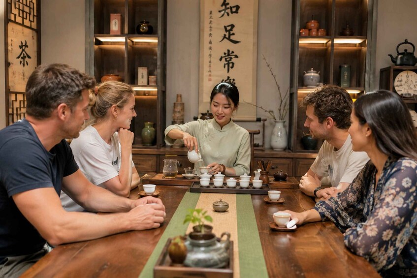 A group of people seated around a wooden table with teapots and cups, in a room with traditional decor and Chinese calligraphy on the wall. 3