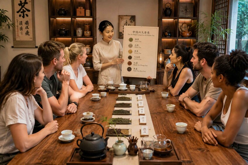 A group of people seated around a wooden table with various tea sets and a sign listing types of Chinese tea. 1