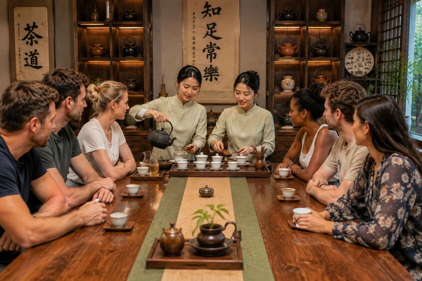 A group of people seated around a table with teapots and cups, in a room with traditional decor and Chinese calligraphy on the walls. 2