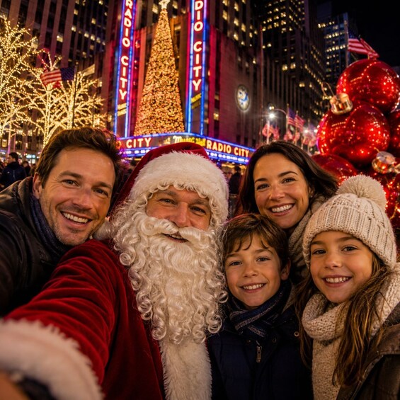 A group of people with a person in a Santa costume in front of a brightly lit building with 'Radio City' signage. 3