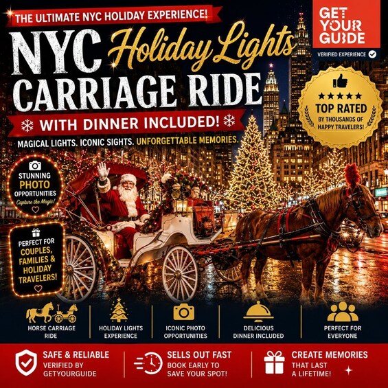 A NYC holiday carriage ride with lights, a Christmas tree, and Santa. 1
