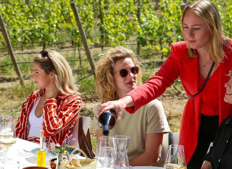 A group of people at an outdoor event with a table set for a meal, surrounded by greenery. 3