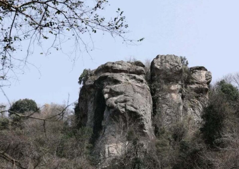 A large rock formation with a carved face, surrounded by sparse vegetation. 4