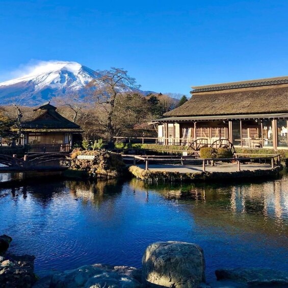 A traditional Japanese garden with a pond, a bridge, and a building with a thatched roof. 5