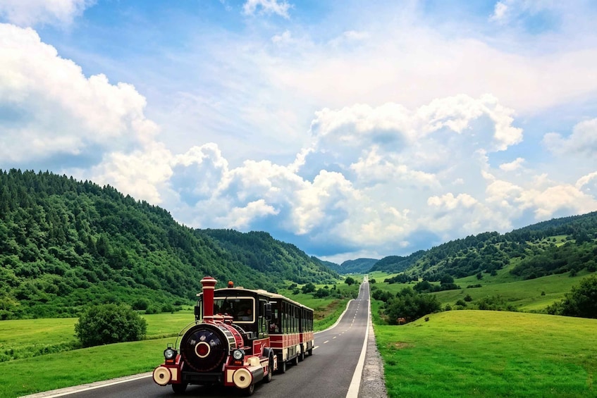 A red and black train traveling on a road through a green valley with hills in the background. 4