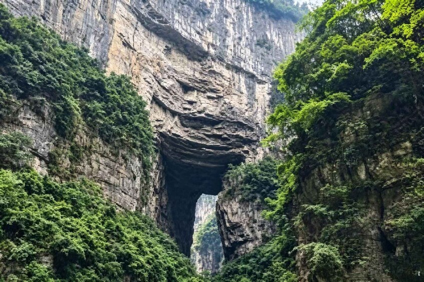 A canyon with a natural arch formation surrounded by dense greenery. 1