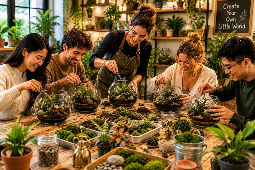 A group of people engaged in gardening, surrounded by various potted plants and gardening tools on a wooden table. 1