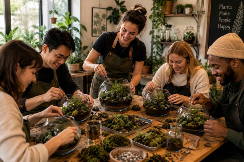 People engaged in a plant-related activity, surrounded by potted plants and gardening tools. 3