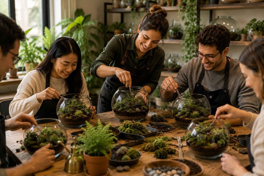 People engaged in a plant arrangement activity with moss and small plants in glass containers. 2