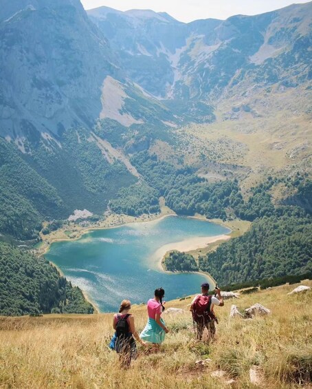 A group of people hiking on a grassy hill overlooking a lake surrounded by mountains. 1