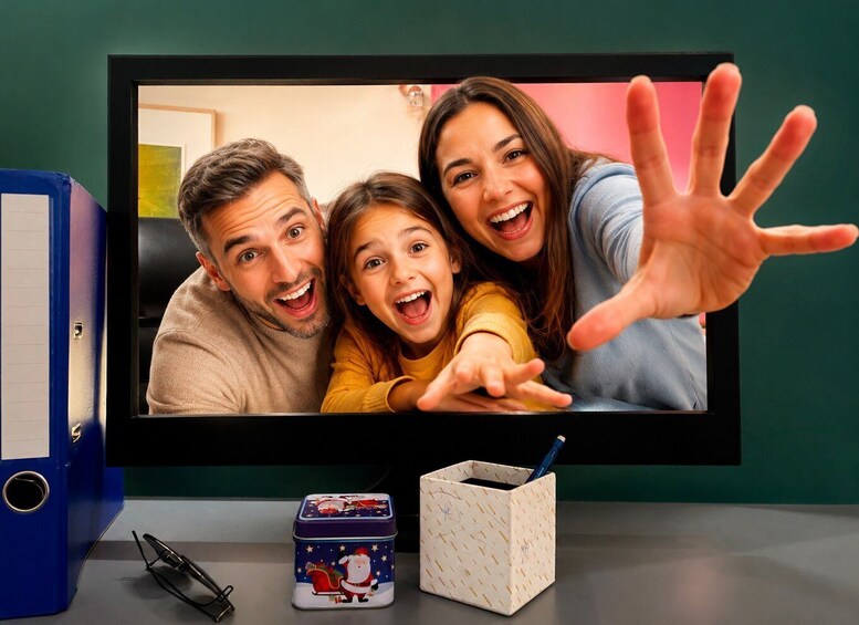 A television displaying a family, a blue binder, a pencil, and a Santa-themed tin. 2