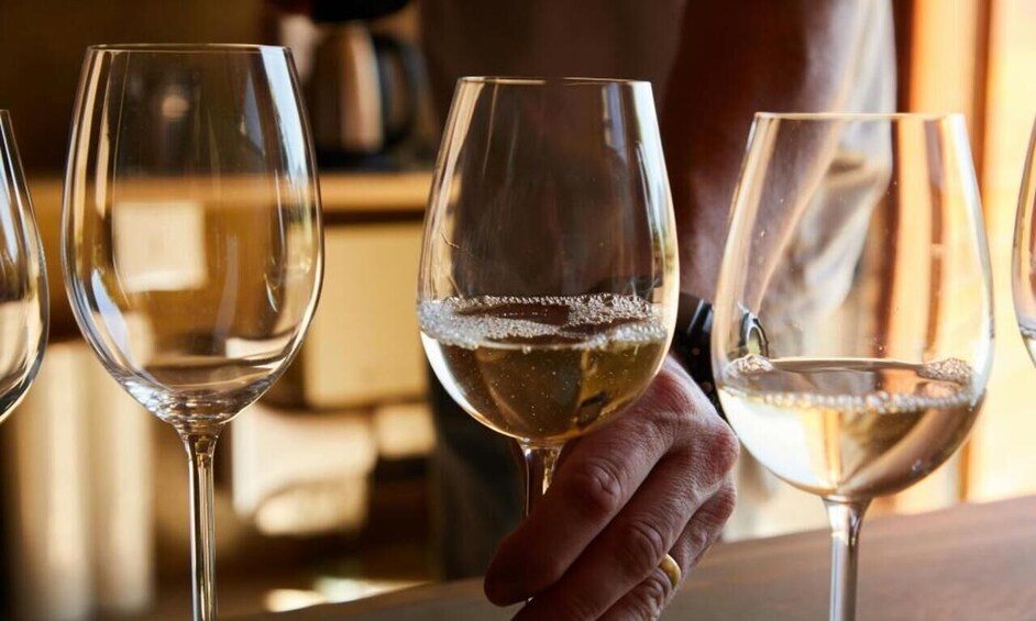 Three wine glasses on a table, one held by a person. 5