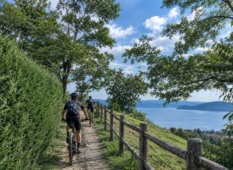 A group of cyclists on a gravel path with a wooden fence, surrounded by trees and overlooking a body of water. 2