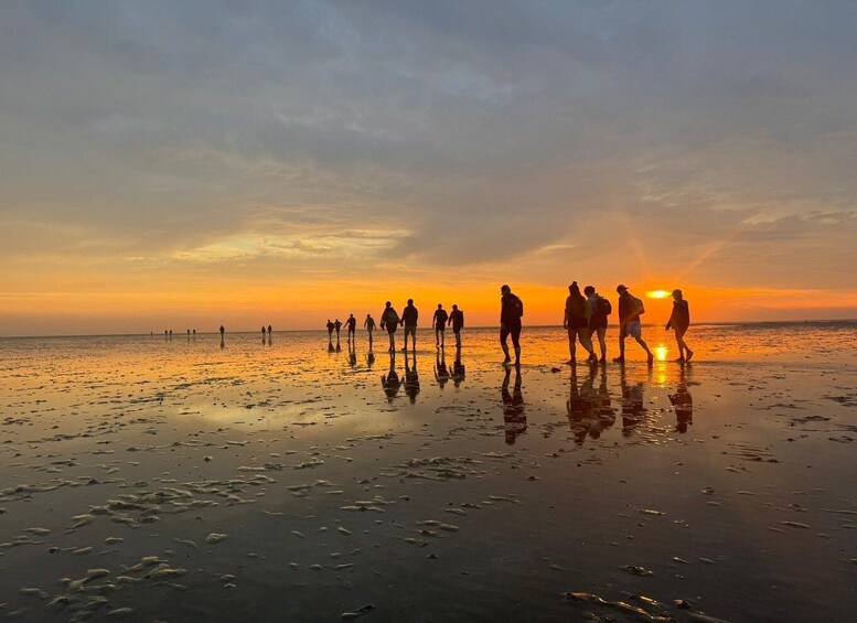 A beach at sunset with people walking along the shore. 2