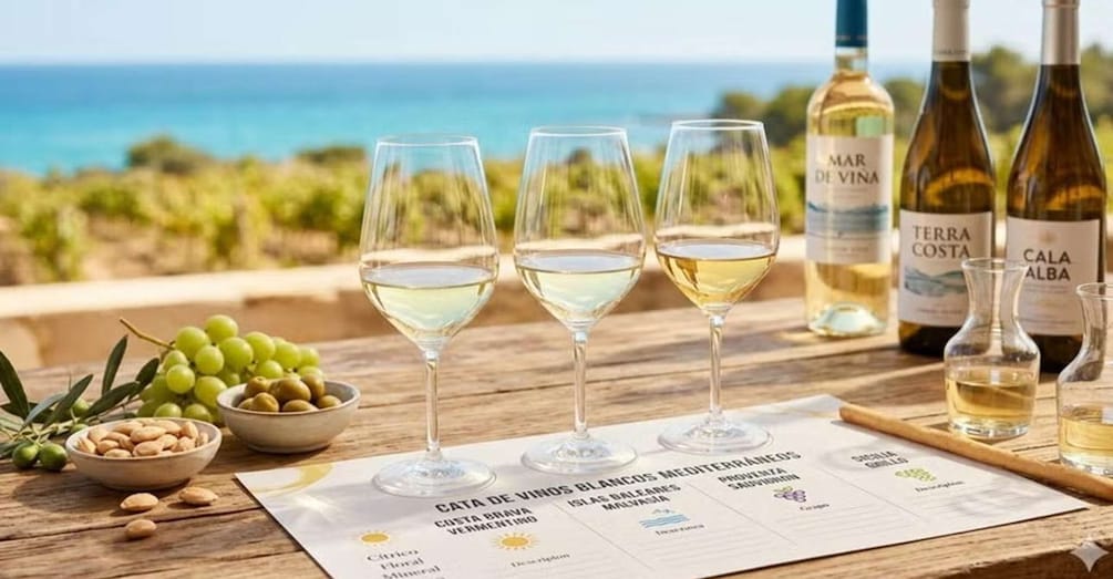 A table with wine glasses, bottles, olives, and a menu at a seaside location. 4