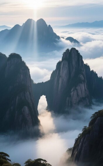 A mountain landscape with a natural arch formation. 4