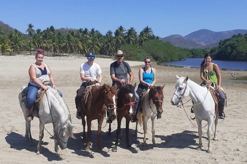 A group of people riding horses on a sandy beach with palm trees and mountains in the background. 5