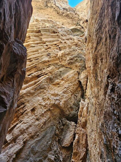A narrow canyon with layered rock formations. 2