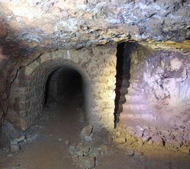 A narrow, arched stone tunnel with rough walls and a dirt floor. 4