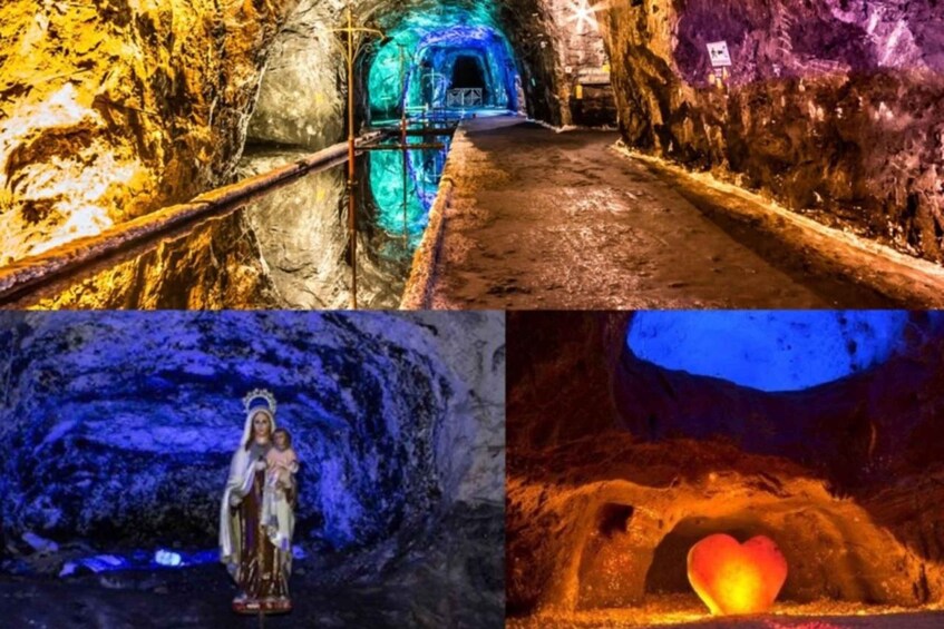 A tunnel with colorful lighting, a statue, and a heart-shaped glow. 2