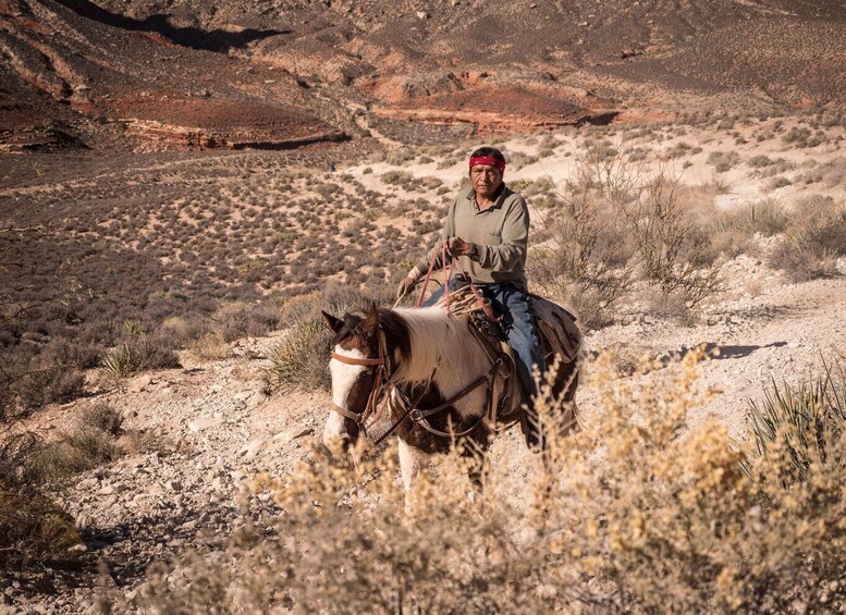 A person riding a horse in a desert landscape with sparse vegetation and rocky terrain. 3
