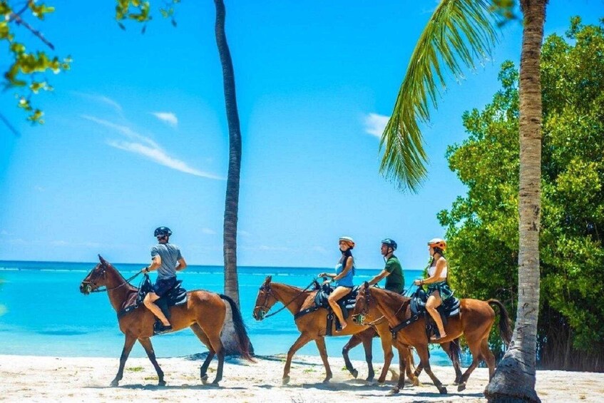 A group of people riding horses on a beach with palm trees and the ocean in the background. 5
