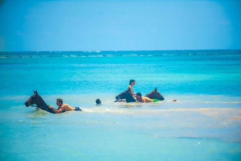 A beach scene with people and horses in the water. 2