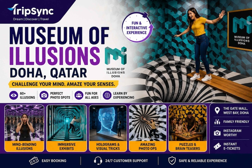 A promotional poster for the Museum of Illusions in Doha, Qatar, highlighting features like mind-bending illusions, immersive exhibits, holograms, and photo ops. 1
