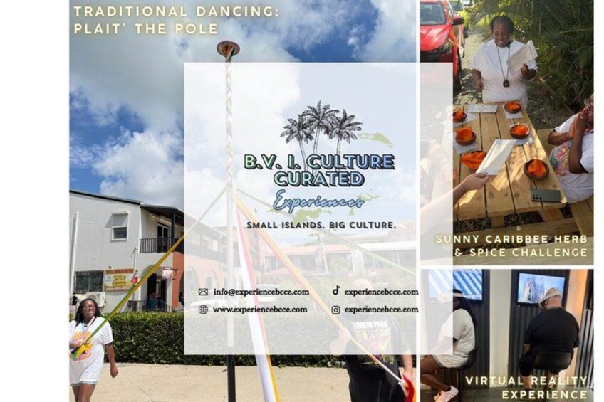 A sign for B.V.I. Culture Curated, featuring traditional dancing and a sunny Caribbean herb & spice challenge. 4