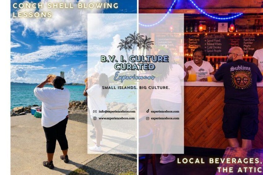 A person blowing a conch shell, a tropical beach setting, and a bar with local beverages. 5
