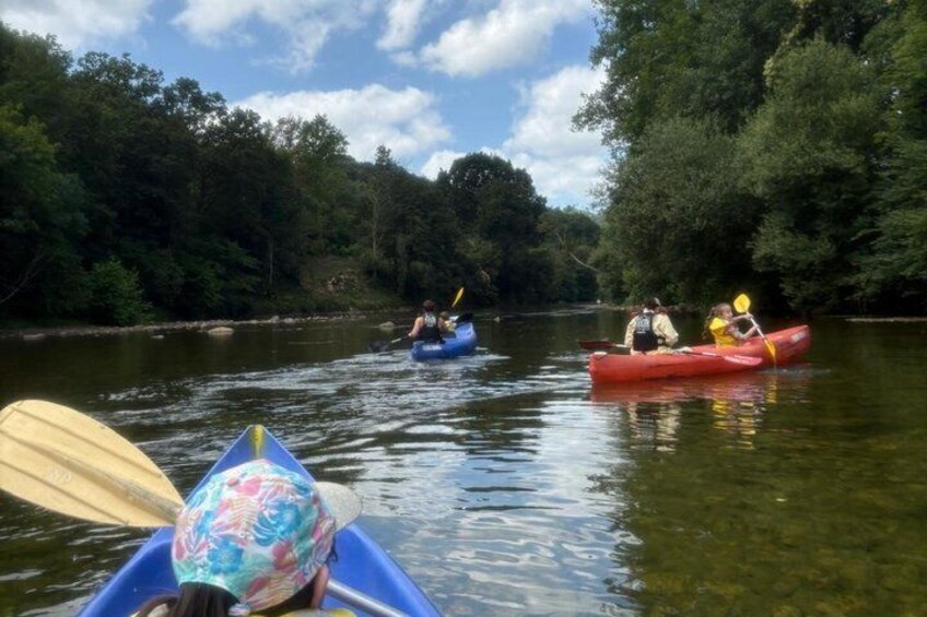 A river with kayaks and canoes, surrounded by dense trees. 2