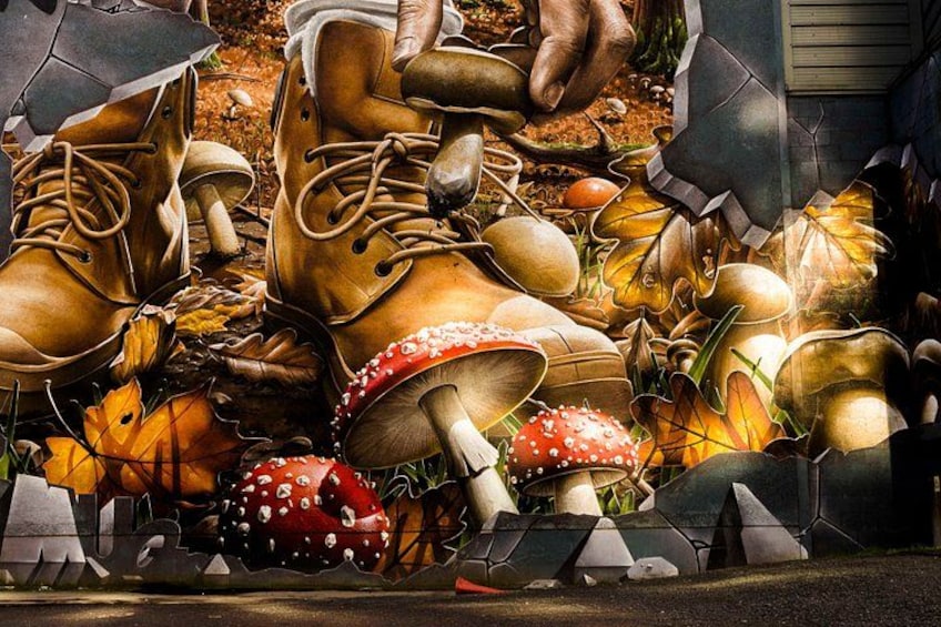 A pair of boots, a red mushroom, and a stone wall. 5