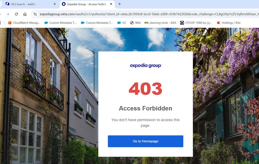 A 403 error message on a webpage with a background of a street scene. 1