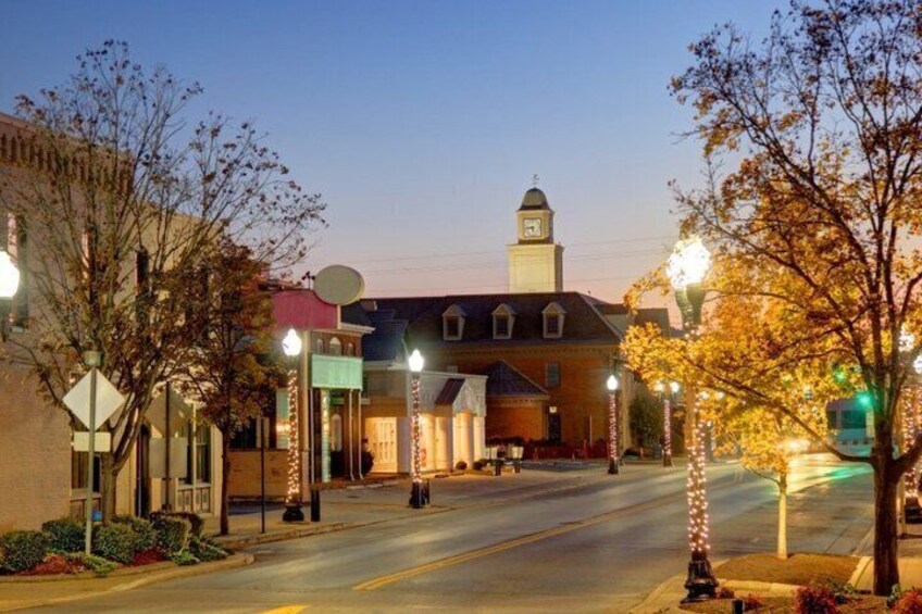 A street lined with trees and buildings, including a prominent building with a clock tower. 3