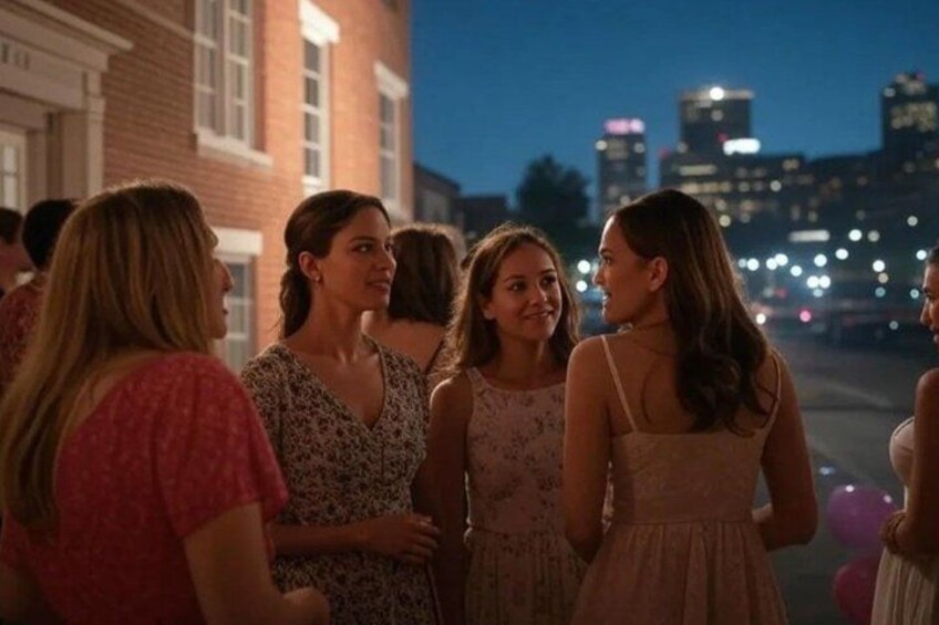 A group of people standing outdoors at night with buildings and city lights in the background. 1
