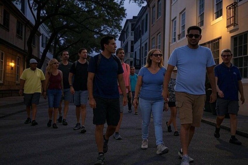 A group of people walking on a street at dusk. 2