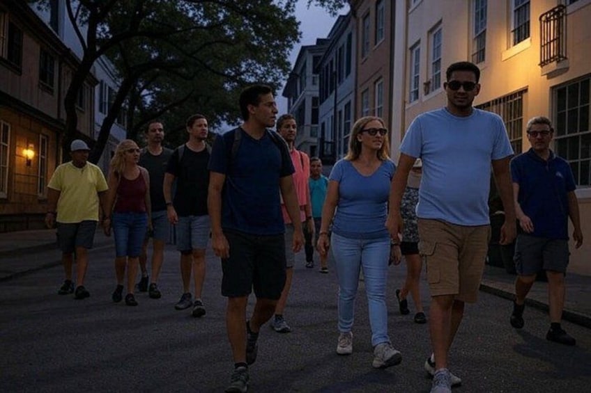 A group of people walking on a street at dusk. 1