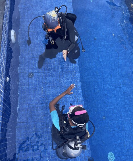 Two divers in a pool with blue tiles and a tiled edge. 4
