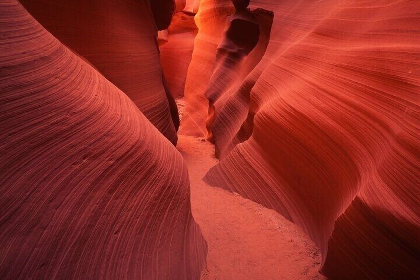 A narrow canyon with smooth, red sandstone walls. 5
