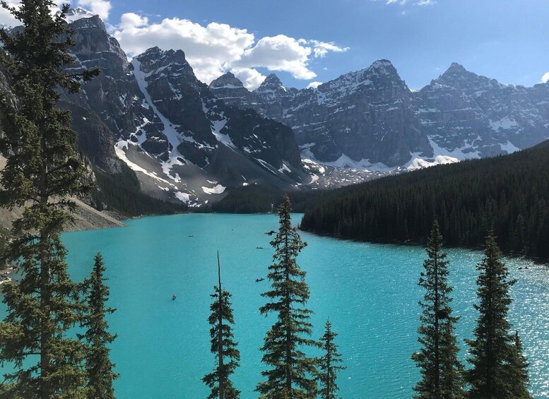 A turquoise lake surrounded by snow-capped mountains and dense forests. 2