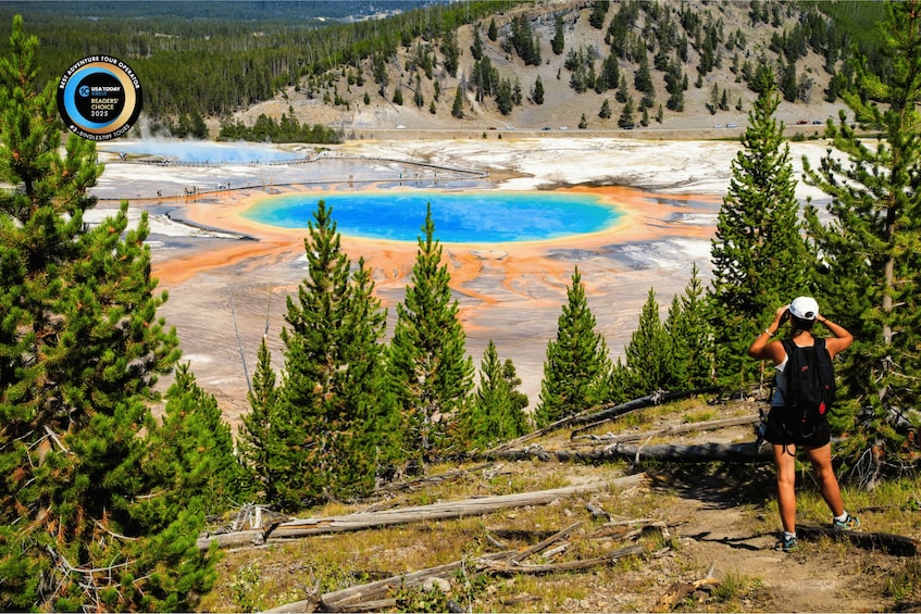 A person standing on a trail overlooking a geothermal area with colorful mineral deposits and a forested background. 1