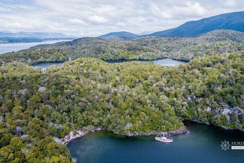 A lake surrounded by dense forest and mountains. 5