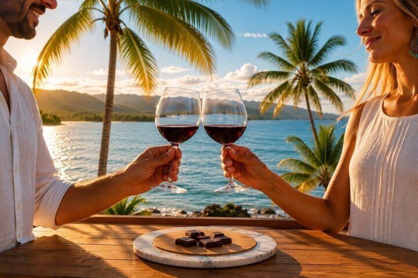 Two people toasting with wine glasses at a wooden table with a plate of chocolates, palm trees, and a body of water in the background. 5