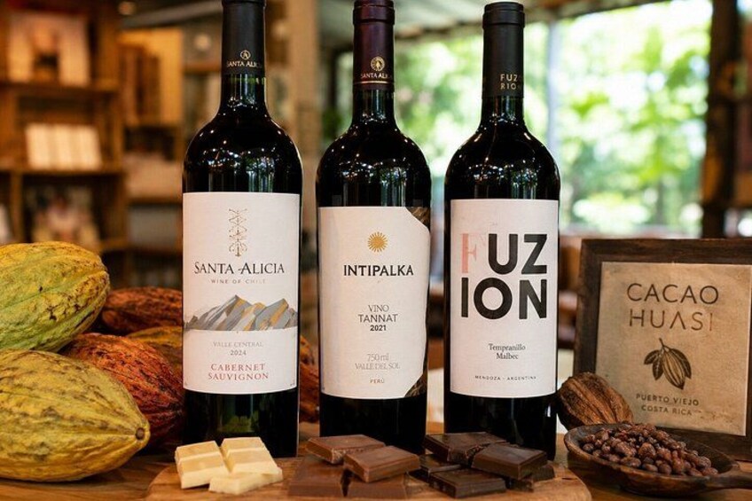 Three wine bottles with labels, a wooden board with chocolate, and a cacao pod. 2